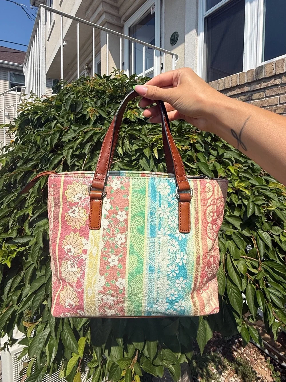 Fossil Vintage Y2K Multicolor Patchwork Style Print Leather Small Satchel Purse
